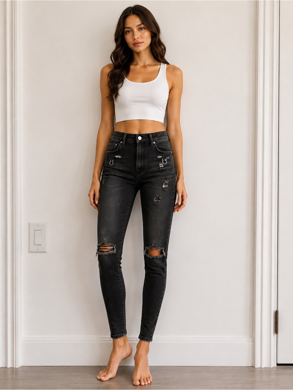High-Rise Black Distressed Skinny Jeans